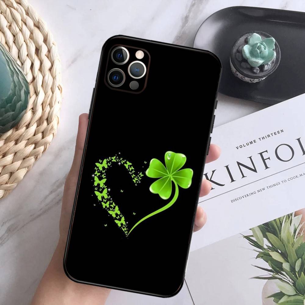 

Lucky Four Leaf Clover Phone Case For iPhone 16,15,14,13,12 Mini 11 Pro XR,X,XS,MAX 7,8 Plus Silicone Cover Soft Black iPhone16plus