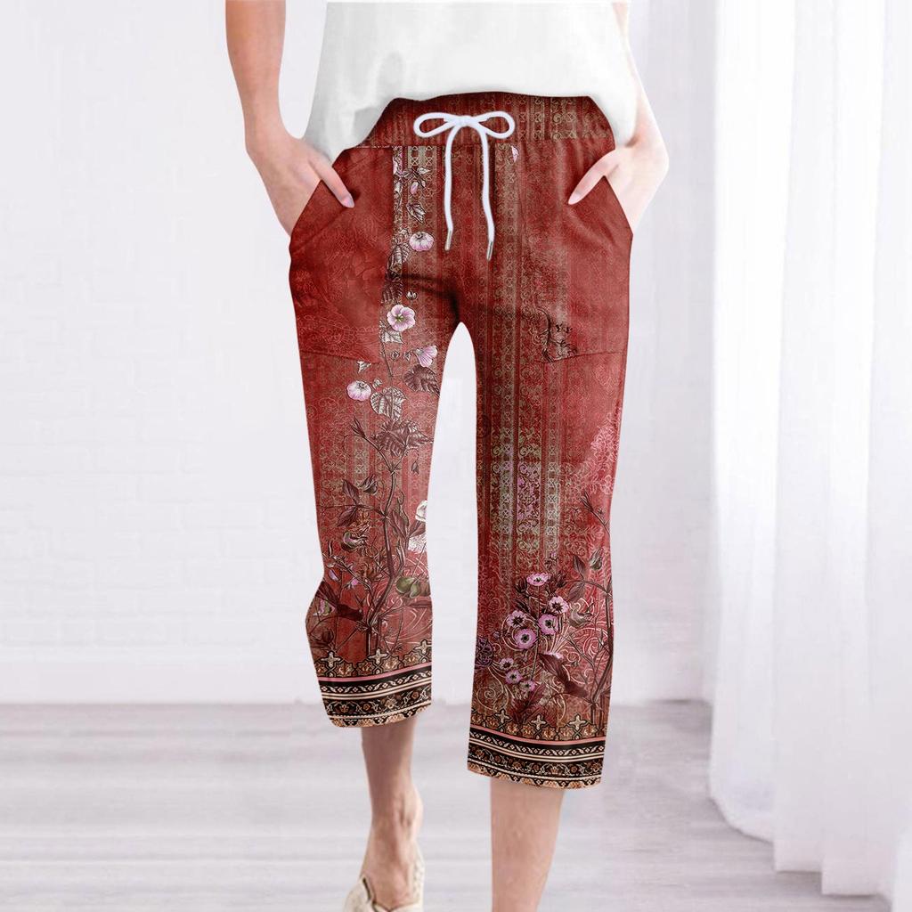 Pants For Women Casual Summer Printed Cotton And Linen Loose Pants Pocket Mid Leg Pants