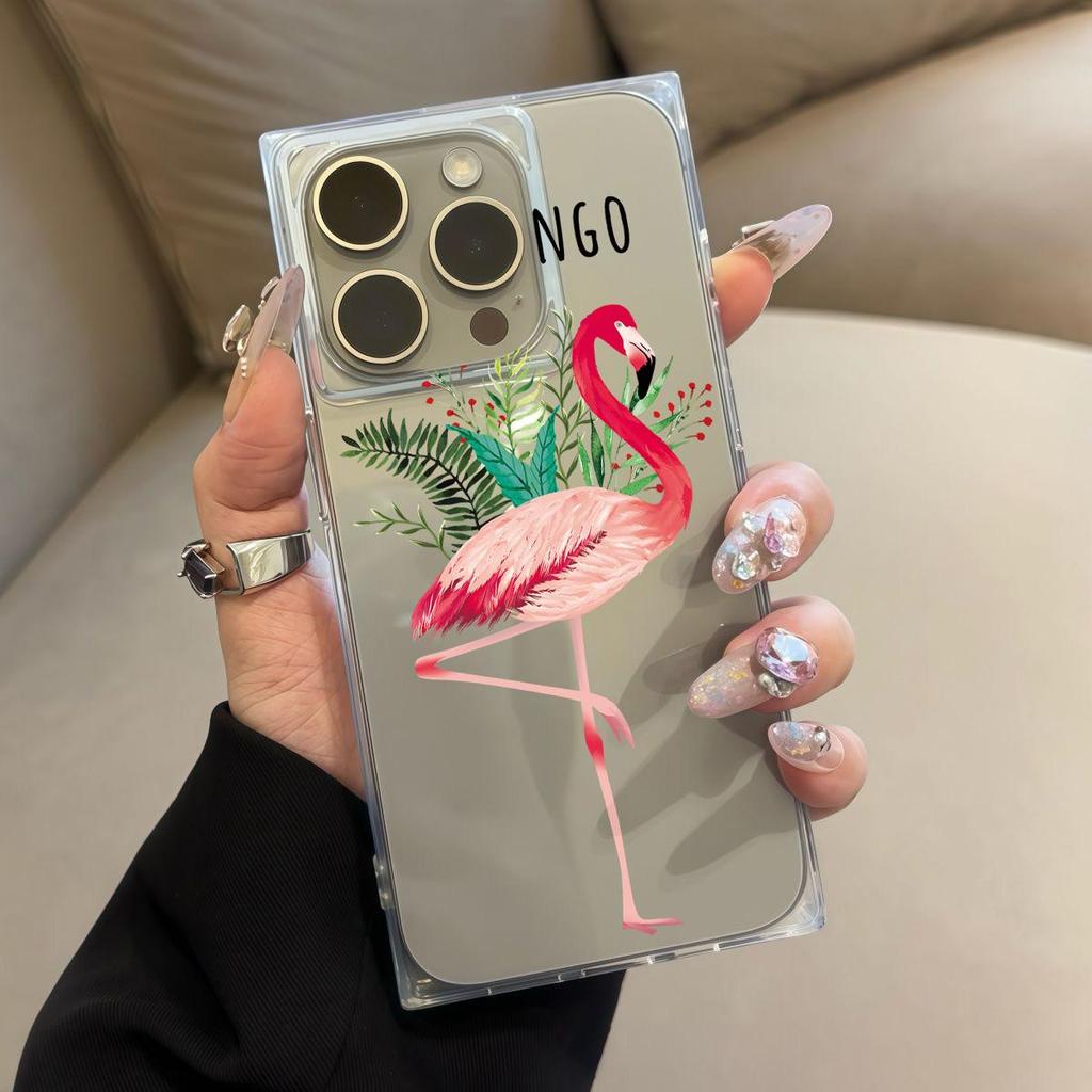 Clear Square Back Tube Case Protection For iPhone 15 Plus 16 ProMax 11 14 Pro Max 13 12 Anti-Oxygen,Alphabet Flamingo Pattern Casing