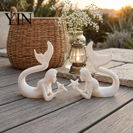 Handmade PLA Sculpture 3D Printed Mermaid & Starfish Figurine, Exquisite Sculpture, Ocean DIY White Craft Statues Theme Desktop Ornament for