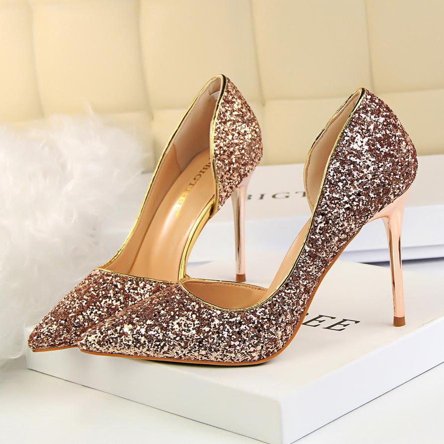 

Мода 2025 Великий розмір 43 Жіночі 9,5 см Високі підбори Сексуальні Блискучі Блінг Скарпіни Човники Шпилька Весільні Весільні Випускні Срібні Туфлі на День святого Валентина 39 шампанського