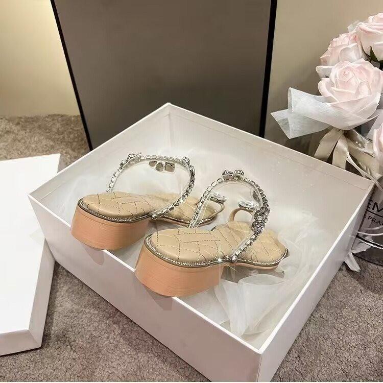 Coarse-heeled rhinestone French fairy style beautiful sandals 2025 summer new high-end feeling stepping on shit feeling wearing women's sandals