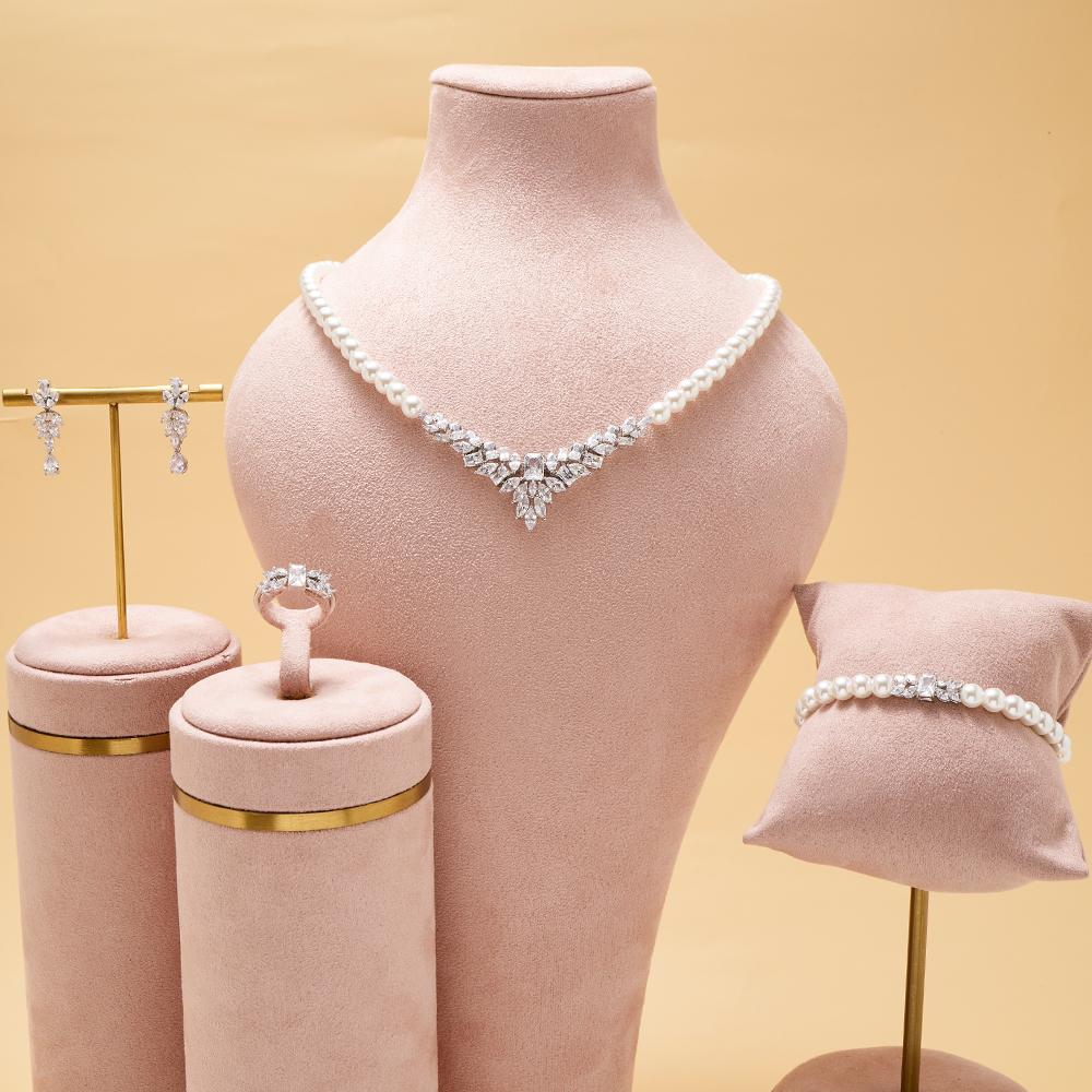 017068  Handmade Pearls CZ Necklace Design Set Wedding Elegant Cubic Zircon Jewelry Full Sets Dubai Gold Plated