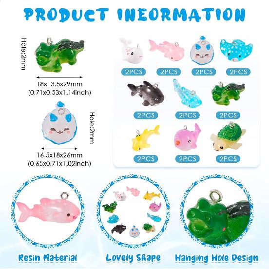 Cheriswelry 20Pcs Sea Animal Resin Pendants Lovely Shark Whale Tortoise Sea Hare Dangle Charms Ocean Summer Jewelry Charms 10 Styles 12.5-21mm for
