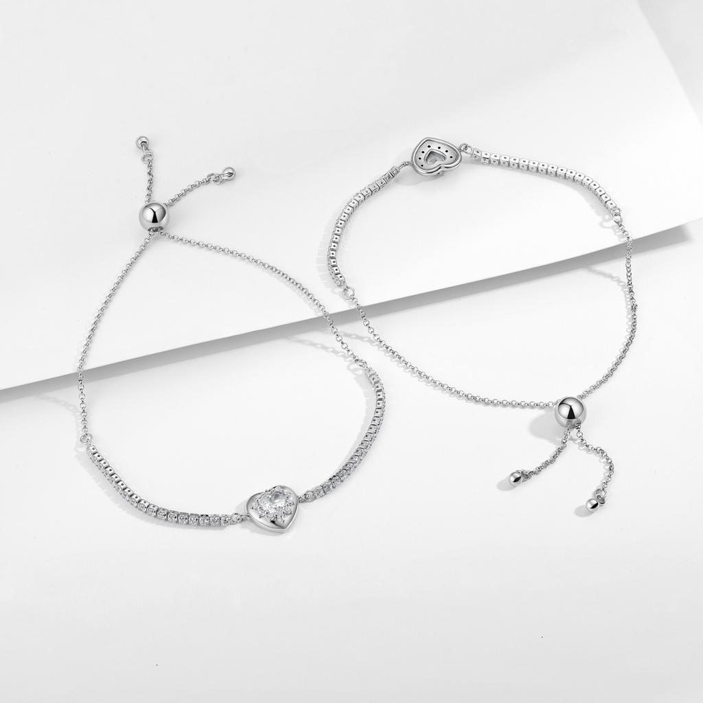 Stylish and Simple Love Bracelet S925 Sterling Silver Inlaid Heart-shaped Zircon Adjustable Length Jewelry