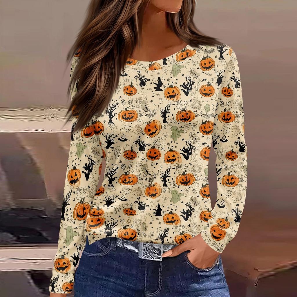 Women's Halloween Print Long Sleeve Top with Round Neck and Hem Slit