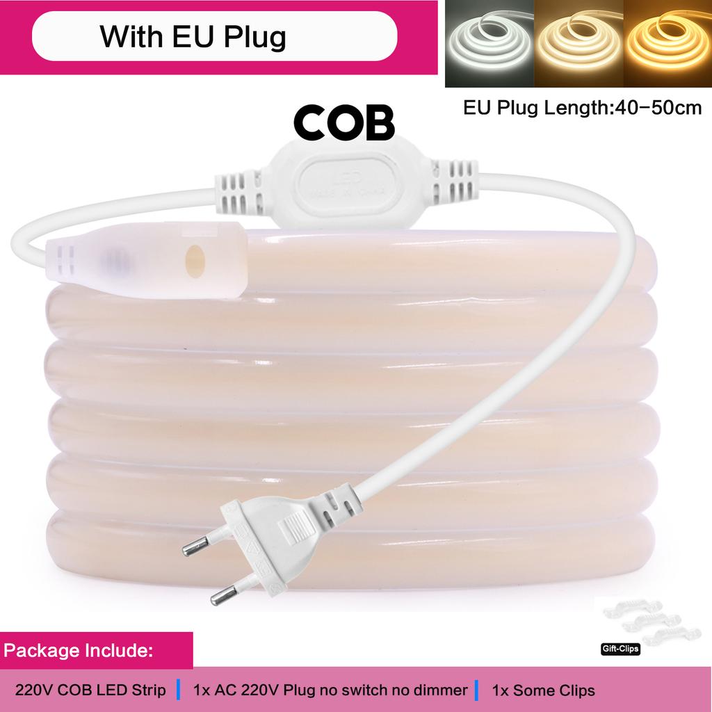 1-50M 220V COB LED Neon Şerit Işık IP67 Su Geçirmez Anahtarlı/Dimmerli AB Fişli Beyaz Doğal Sıcak Esnek Şerit Bant Oda Dekorasyonu