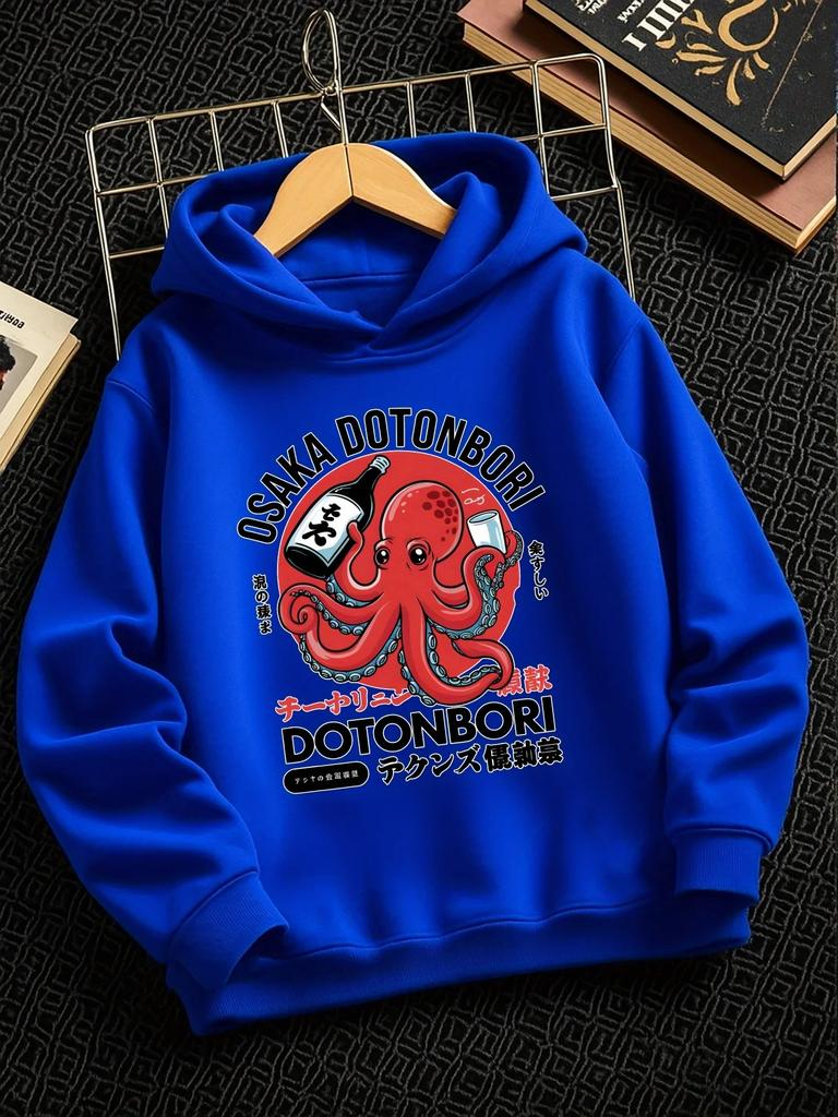 Kids Japanese Osaka Dotonbori Octopus Hoodie Cartoon Graphic Print Pullover Sweatshirt Cute Streetwear Casual Hooded Top Autumn
