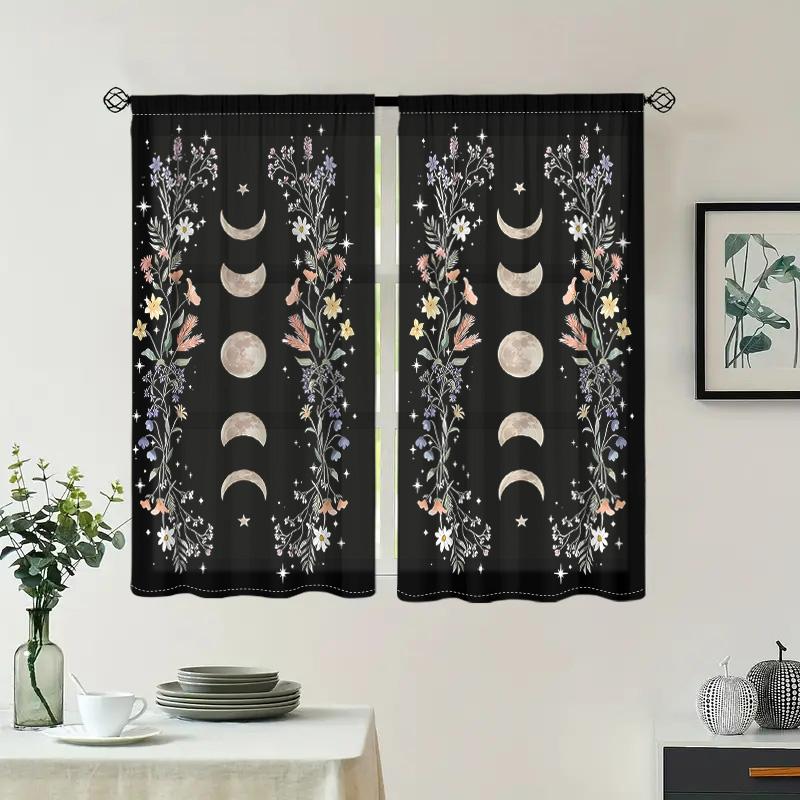 2 Pieces, Bohemian Flowers, Sun and Moon, Gothic Aesthetic, Green Leaf Window Treatment - Living Room, Bedroom, Home Decoration