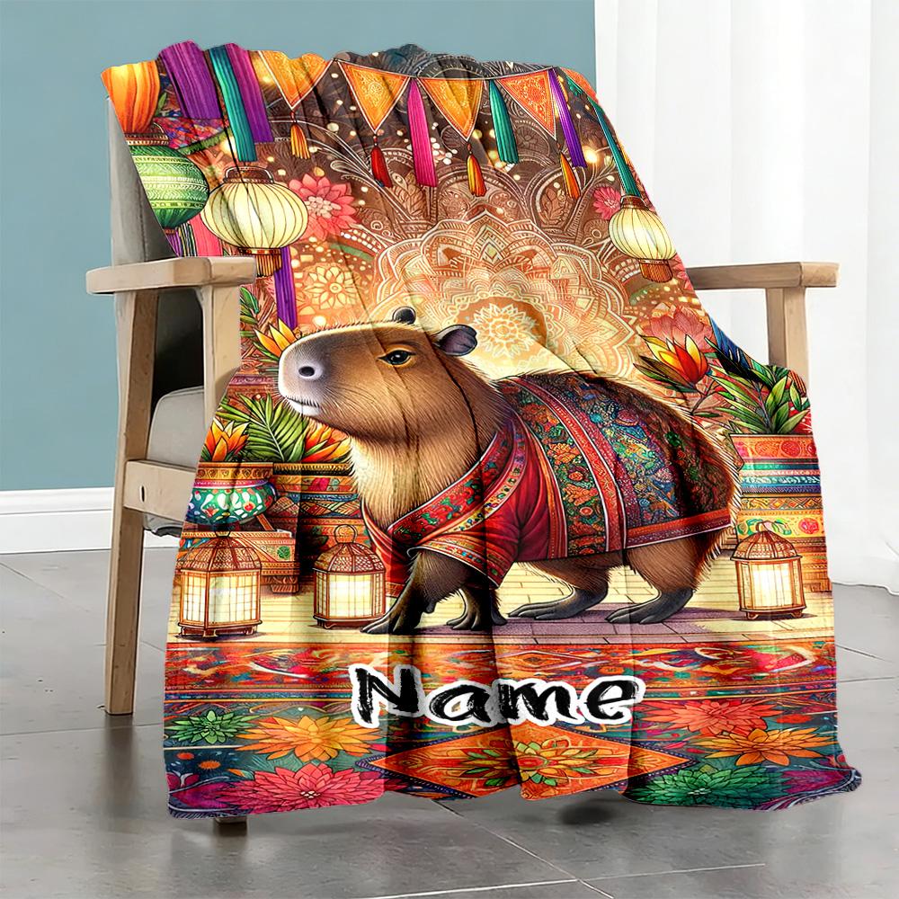 Ethnic Capibara Customize Your Name Blanket Cozy Personalized Blanket Ultra-Soft Versatile for Sofa Home Decor Living Room Nap