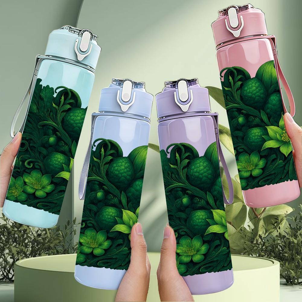 1PC Dark Green Tropical Leaf Cluster Print 750ml Color Plastic Sports Water Bottle Leakproof Flip Straw Lid Suitable for Sports Office Home Use