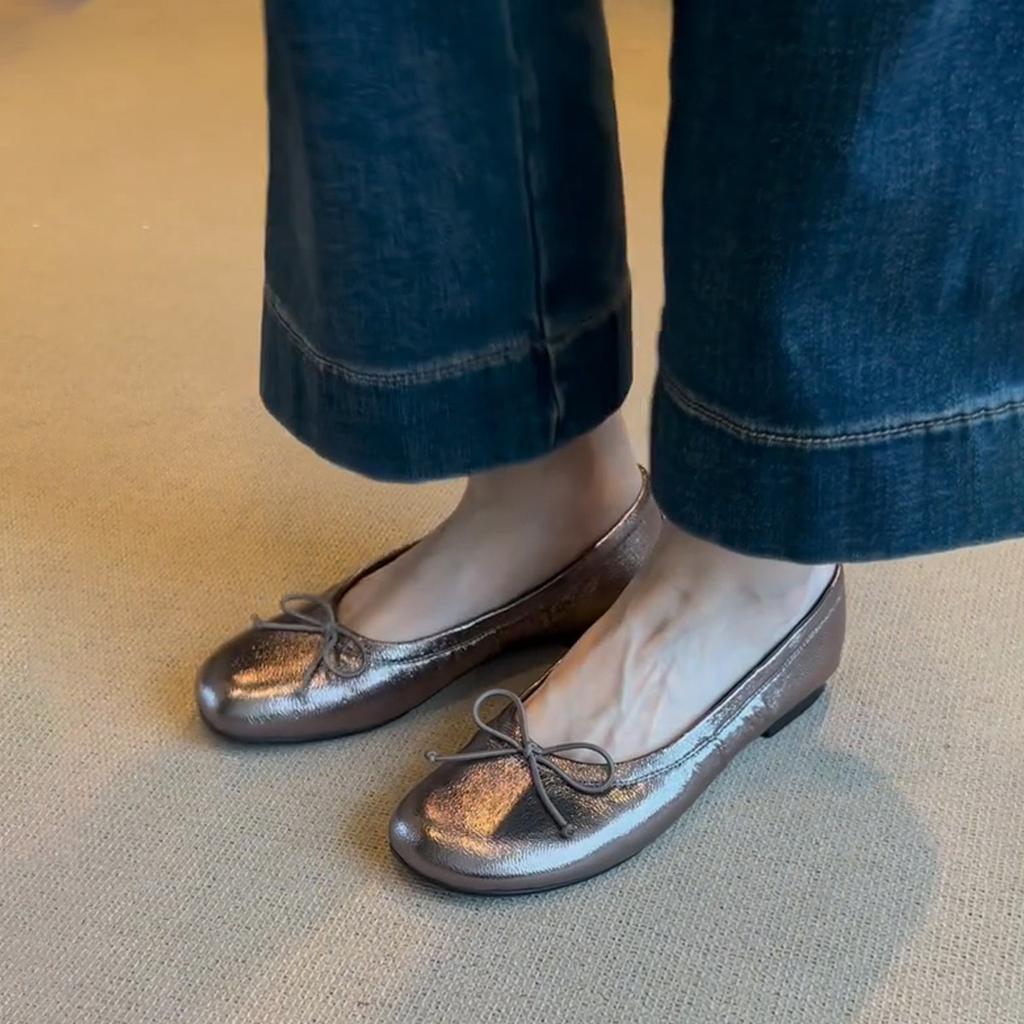 Sheepskin Version~ Round Head Bow Flat Shoes Shallow Mouth Versatile One Pedal French Ballet Single Shoes Women's Shoes