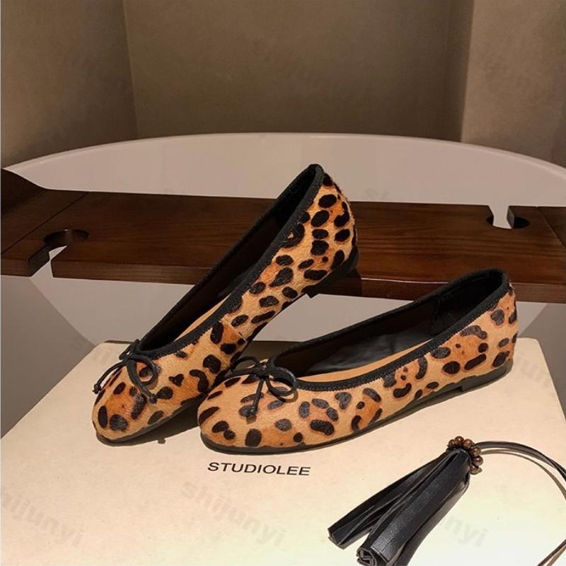 Women's Mary Jane Shoes Autumn Fashion Bow Knot Leopard Outdoor Non Slip Single Shoes Lightweight Comfort Soft Sole Casual Flats