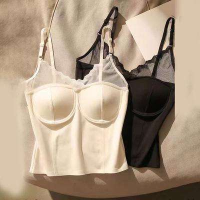French Lace Backless Sexy Camisole Gathered Bra with Chest Cushion Top for Outerwear Strapless