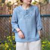 Blusa de Lino y Algodón para Mujer, Estilo Chino, Botón de Rana, Bordado Floral, Manga Tres Cuartos