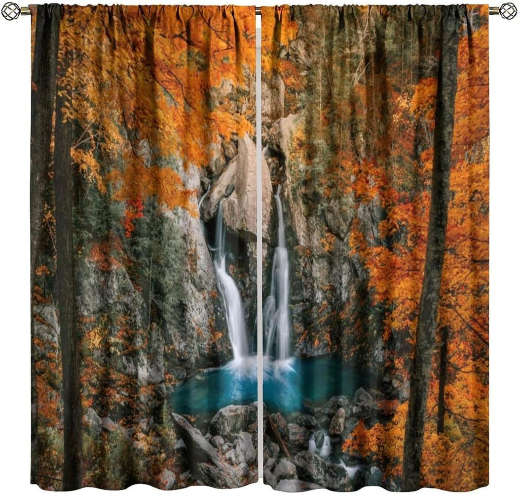 Blackout Red Forest Waterfall Windows Curtains Tree Landscape Woodland Scenic Nature Fall Scenery Art Printed Curtain Made Of Polyester Washable