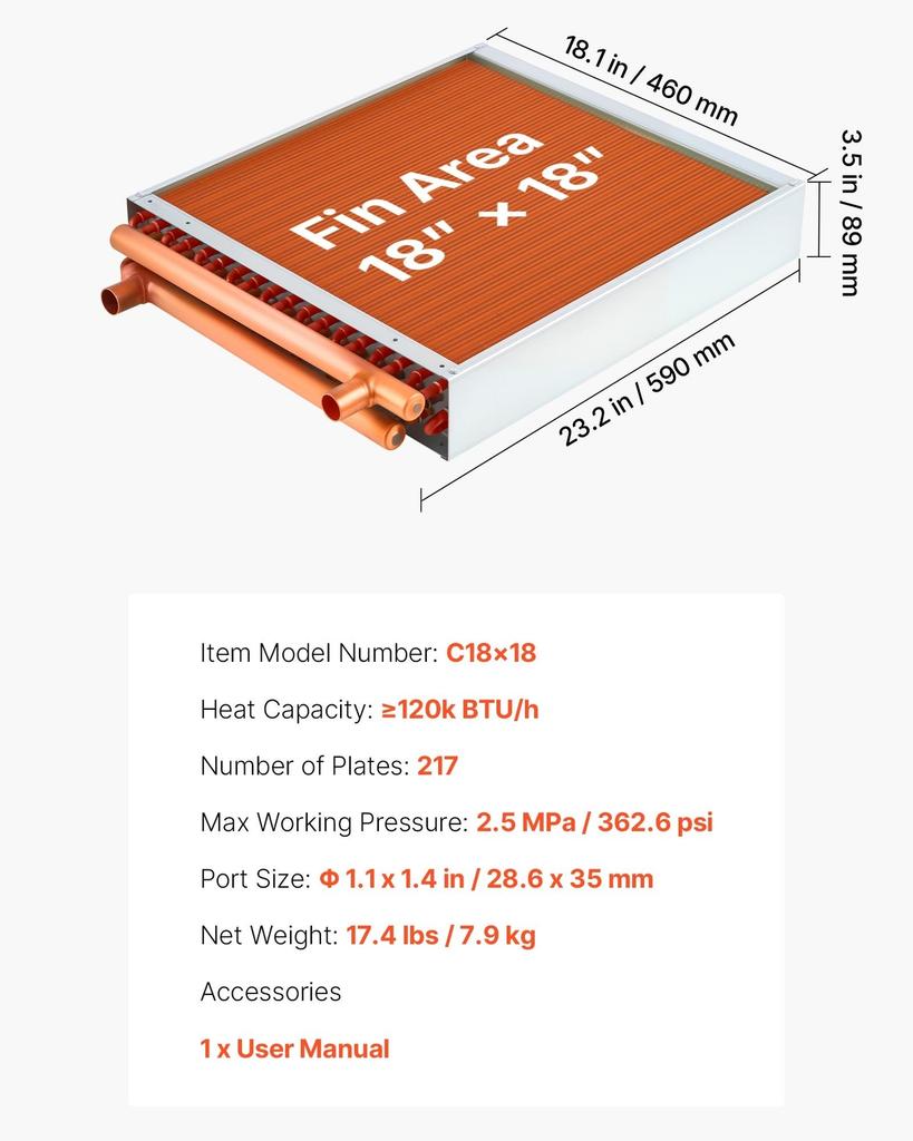 Water To Air Heat Exchanger, 457 X 457 Mm Finned Tube HVAC Heat Exchanger Coil with Copper Tubes & Aluminum Fins, 120K BTU Output for Outdoor Wood