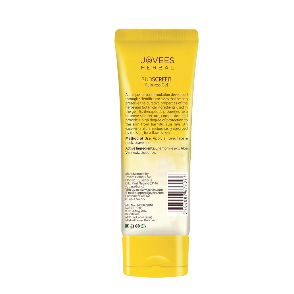 Jovees Herbal Sunscreen Fairness Gel SPF 25 100ml | Lightweight Oil Free Aloe Vera Gel Sunscreen For Daily UV Protection And Radiant Skin All Types