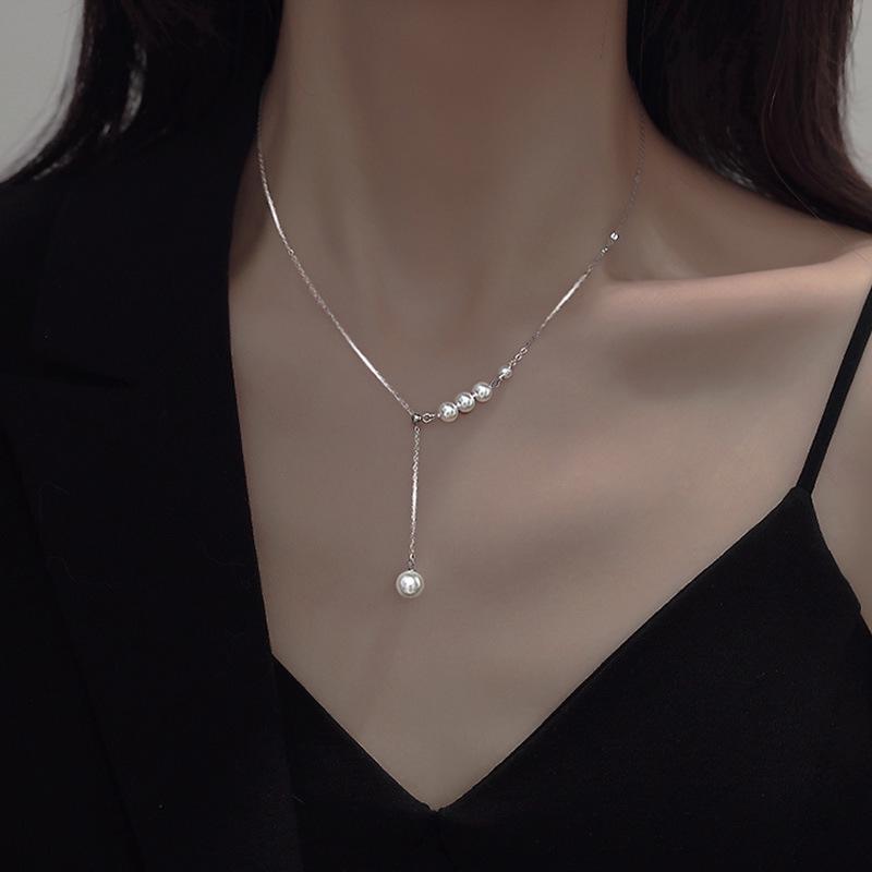 Korean Style High-End Tassel Pearl Titanium Necklace for Women