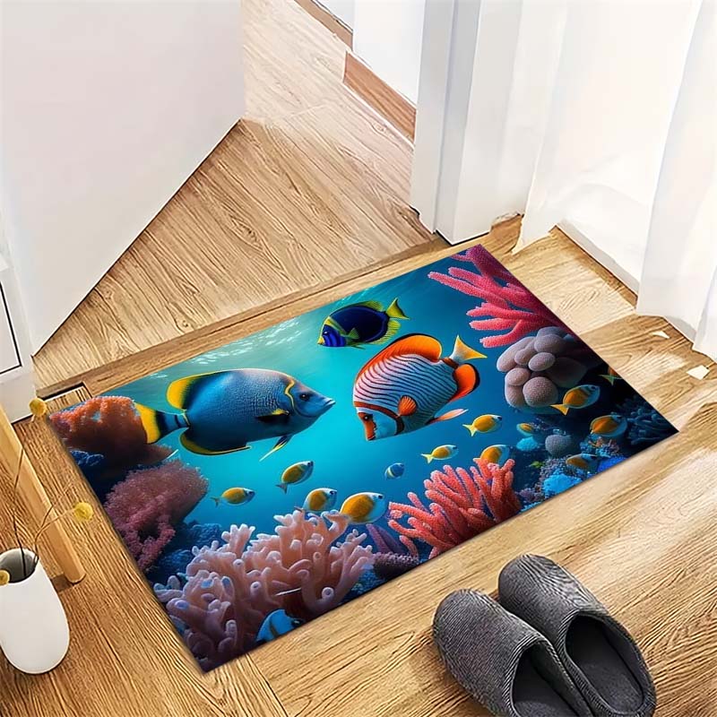 Tropical Fish Print Doormat, Non-Slip Entrance Floor Mat with Colorful Coral Reef & Fish Design, Indoor Rug for Ocean Lovers