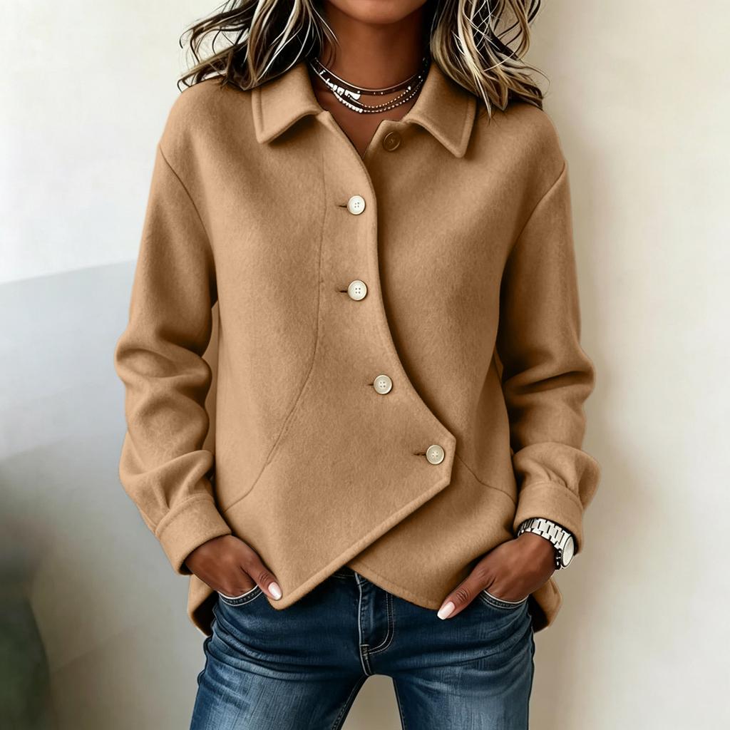 Women's collared button-down design solid-colored wool coat top