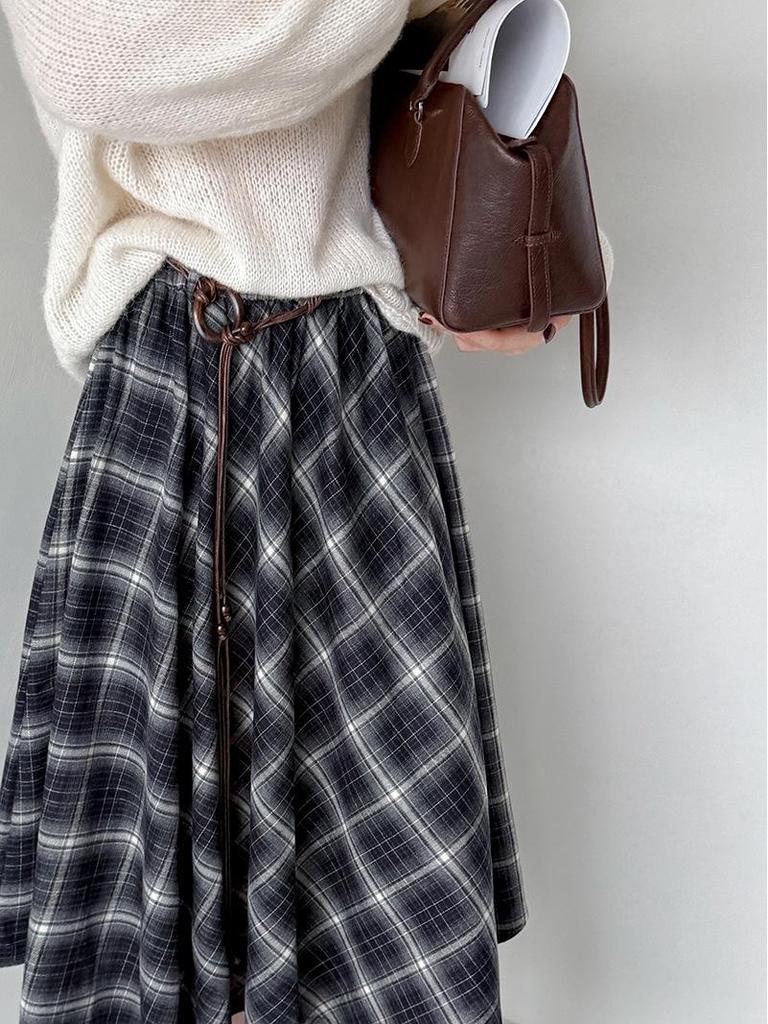 Ju Zhi Podzimní kostkovaná sukně midi áčkového střihu s vysokým pasem - Nepravidelný design, Zeštíhlující střih