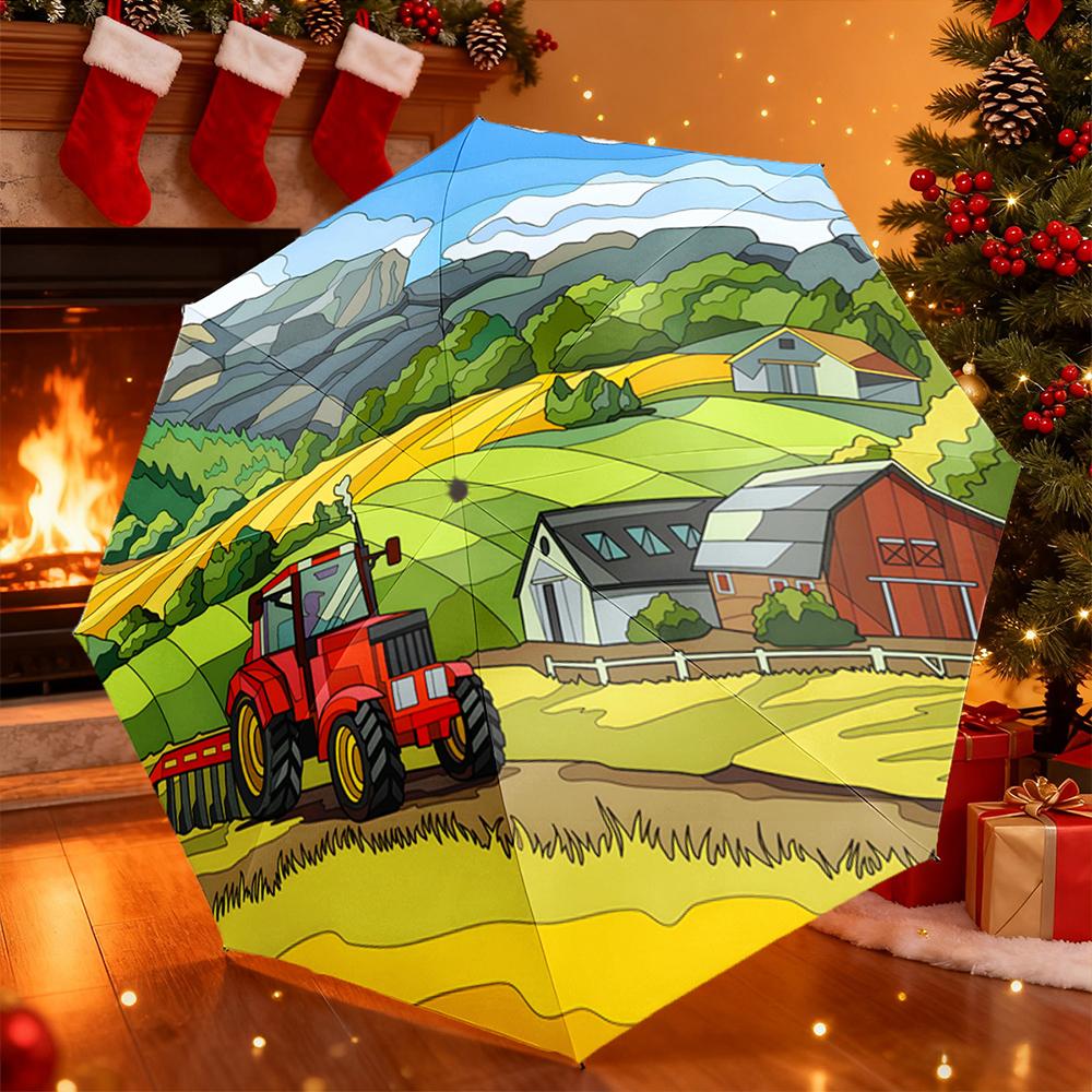 Umbrella with Stained Glass Style Farm Red Tractor Barn Landscape Print, Windproof Travel Umbrella for Adults, Country Gift