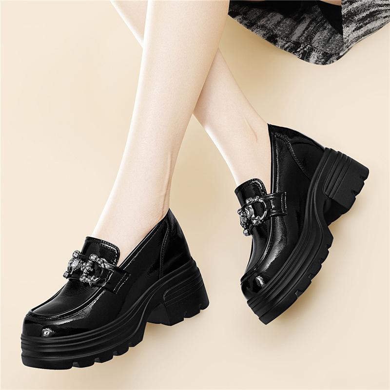 Loafer Damen Herbst und Winter neu Ein-Pedal Einzelne Schuhe Schwarz Kleine Lederschuhe Plateau Hoher Absatz Vielseitig Damenschuhe