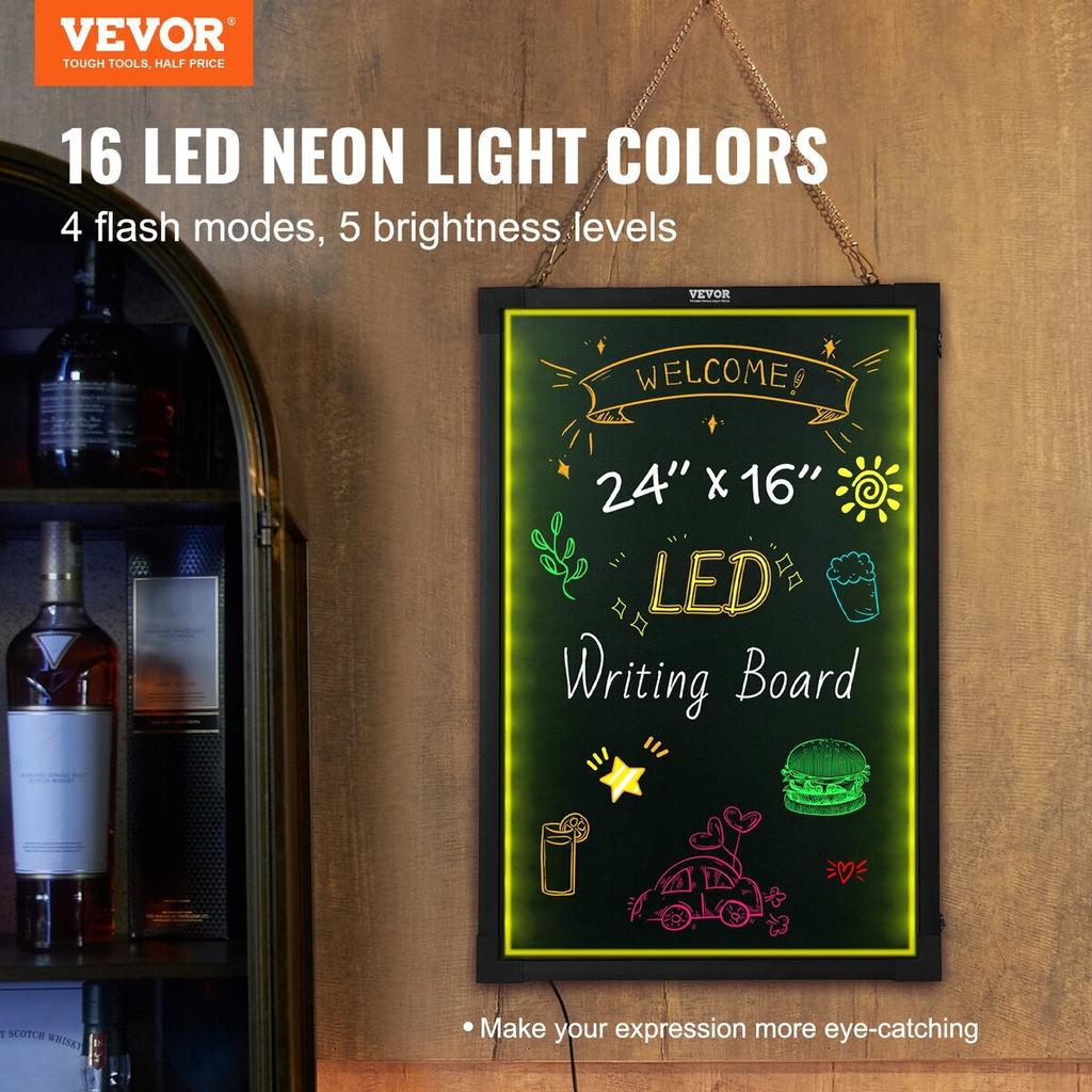LED Message Writing Board, 24 X 16 Inch Illuminated Erasable Chalkboard, Neon Effect Menu Sign, Drawing Board with 8 Fluorescent Chalk Markers and
