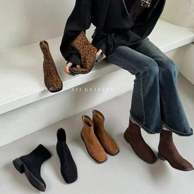 Autumn and Winter Leopard Print Rear Zipper Retro Suede Square Head Thick Heel Short Boots Fashion Versatile Martin Boots Bare Boots