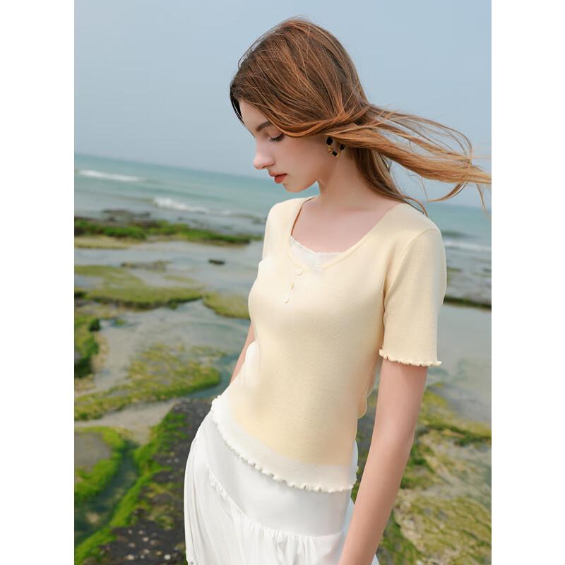 Women's Bowknot Splicing Slim Fit Short Sleeve Knit Top