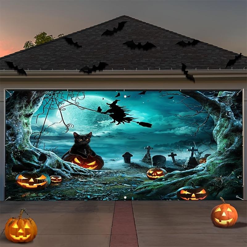 A Halloween garage door polyester banner decoration with a witch and ghost theme a festive party wall decoration