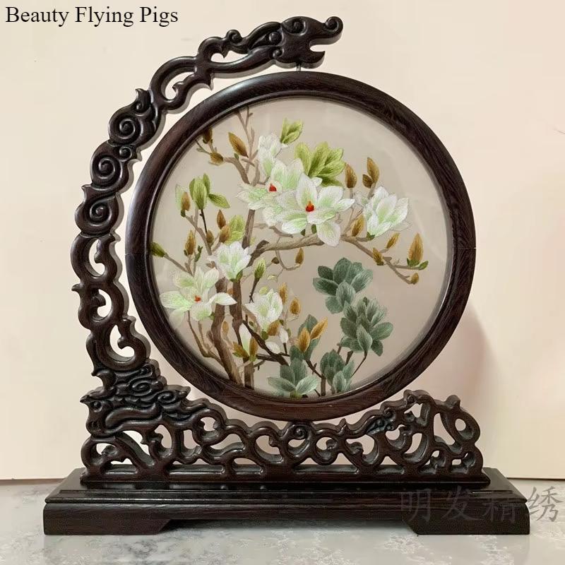 1pc, Su Embroidery Ornaments, Chinese Embroidery Crafts, Double Sided Embroidered Ornament, Solid Wood Desktop Decoration