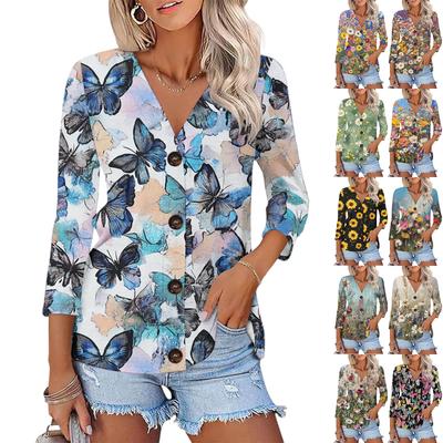 Damen Casual Mode Floral bedruckt Knopf 3/4 Ärmel Strickjacke Top