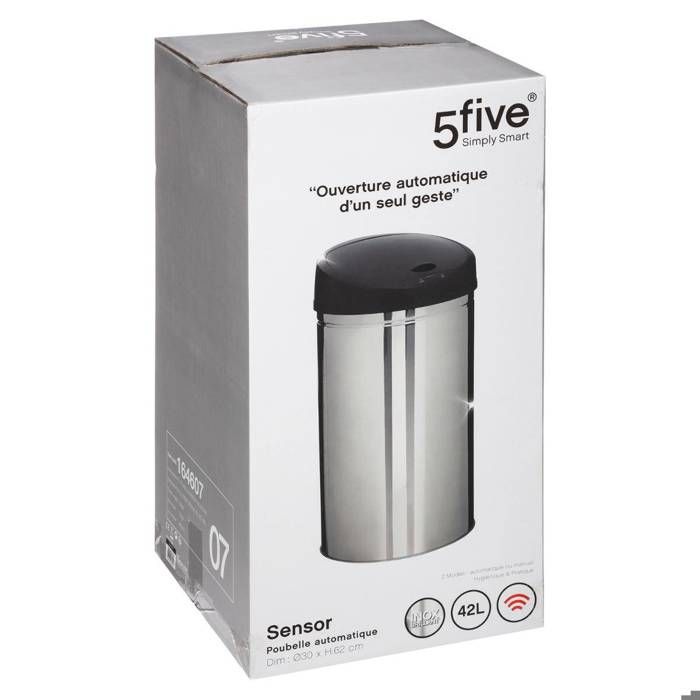 5Five - Poubelle Ronde de Cuisine en Inox 42 Litres Sensor Ouverture et Fermeture Automatique