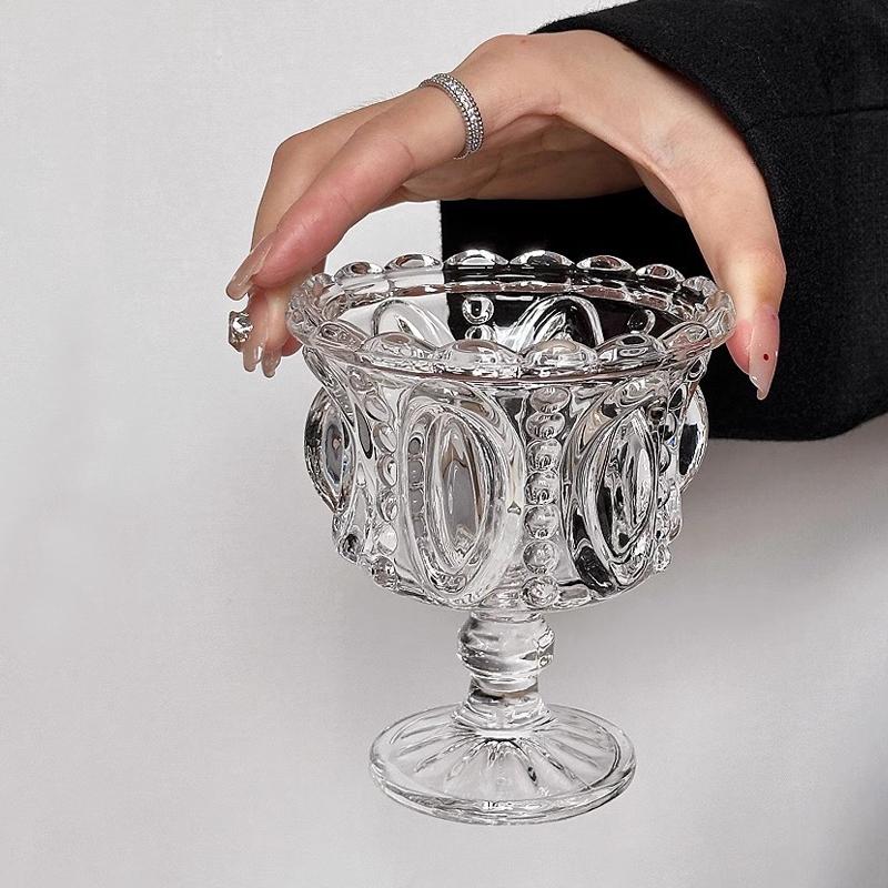 1PC Color Blocking Ice Cream Bowl Dessert Cup Palace Style Highball Glass Gift Tableware Vintage Embossed Design Elegant 200ml