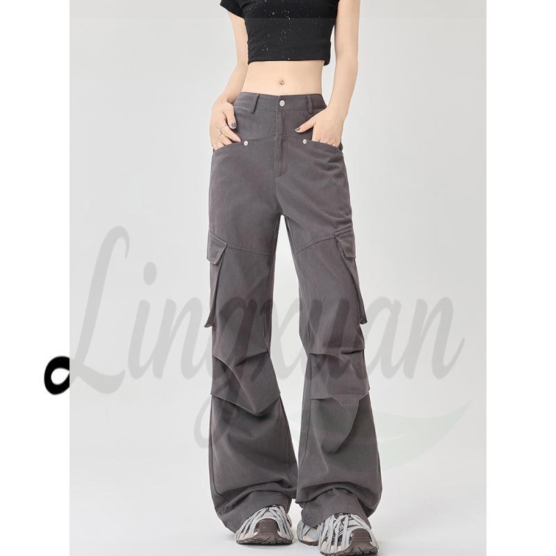 Women's Retro Multi-pocket Cargo Flare Pants - Cool, Loose Streetwear Pleated Style