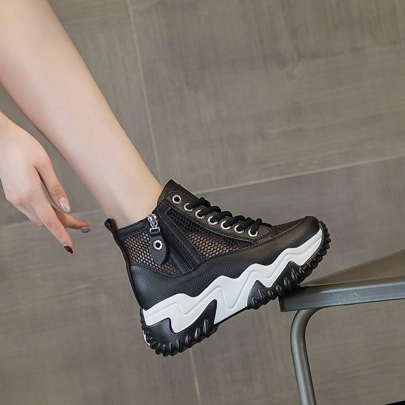 Autumn and winter new thick-soled cm height-increasing casual women's cotton shoes trendy short boots lace-up zipper high-top women's shoes