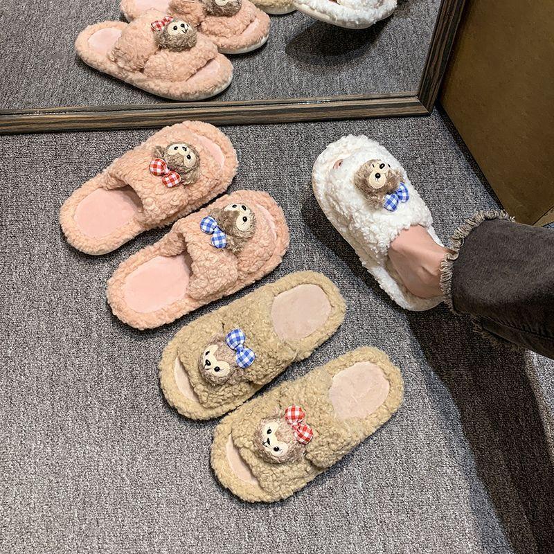Cartoon warm women's one-word slippers 2025 autumn and winter new fashionable cute non-slip fluffy slippers women's wear