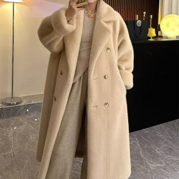 Cappotto Lungo con Collo a Revers Autunno e Inverno Pelliccia Sintetica di Coniglio Ispessito Caldo Temperamento Cappotto di Pelliccia