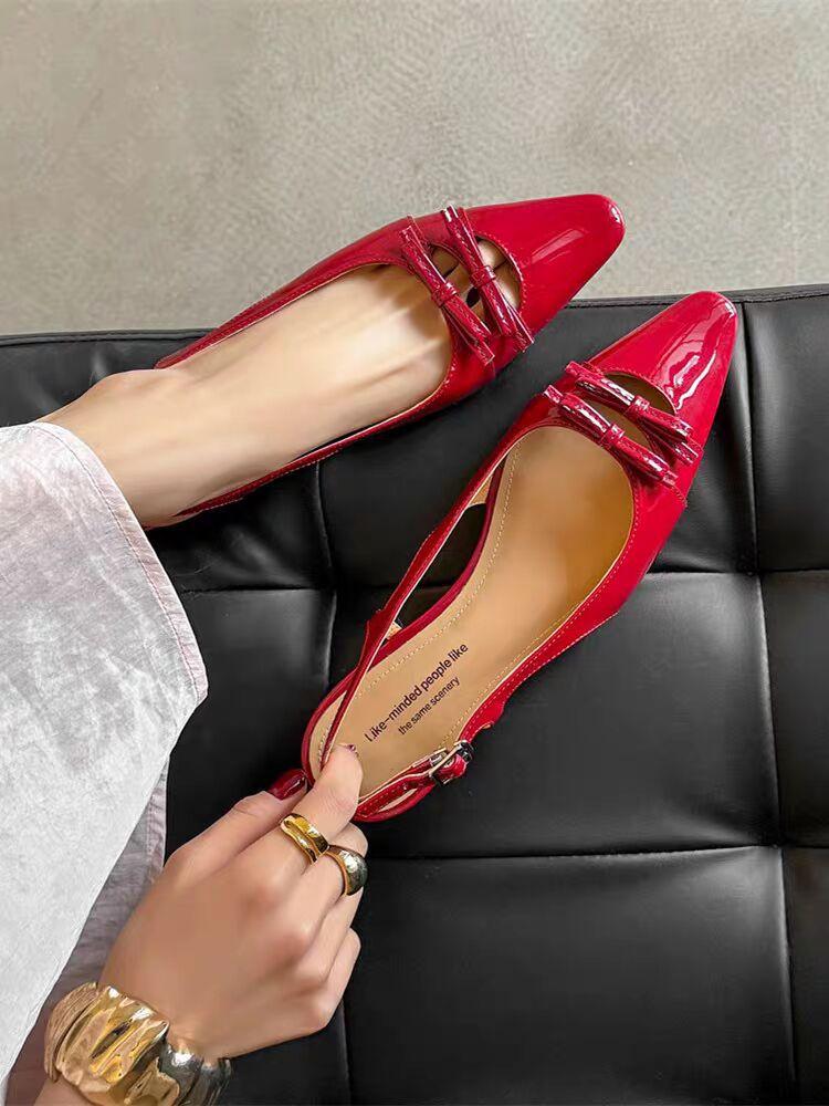 

Женские туфли-лодочки с вырезом и французским бантом, сандалии, лето 2025, новая универсальная модель с острым носком, темпераментные, на низком каблуке, с открытым носком 40