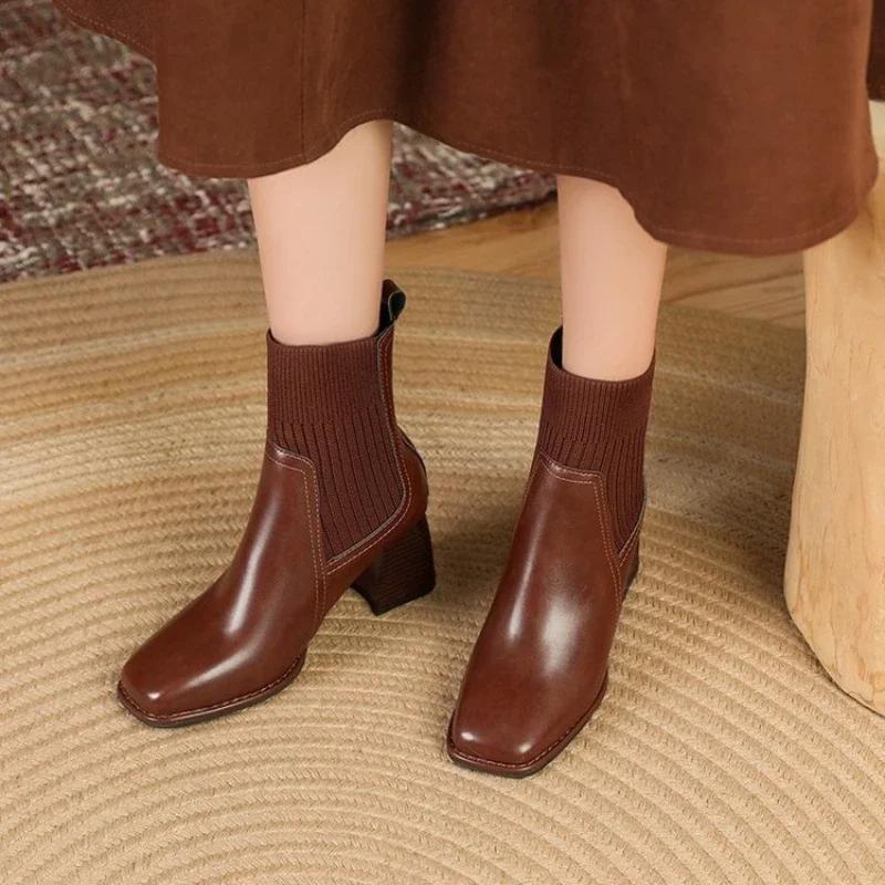 Fashion Women's Heeled Shoes Knitwear Womens Ankle Boots Comfortable Warm Women Shoes Thick Heels Office Pumps New Zapatos Mujer