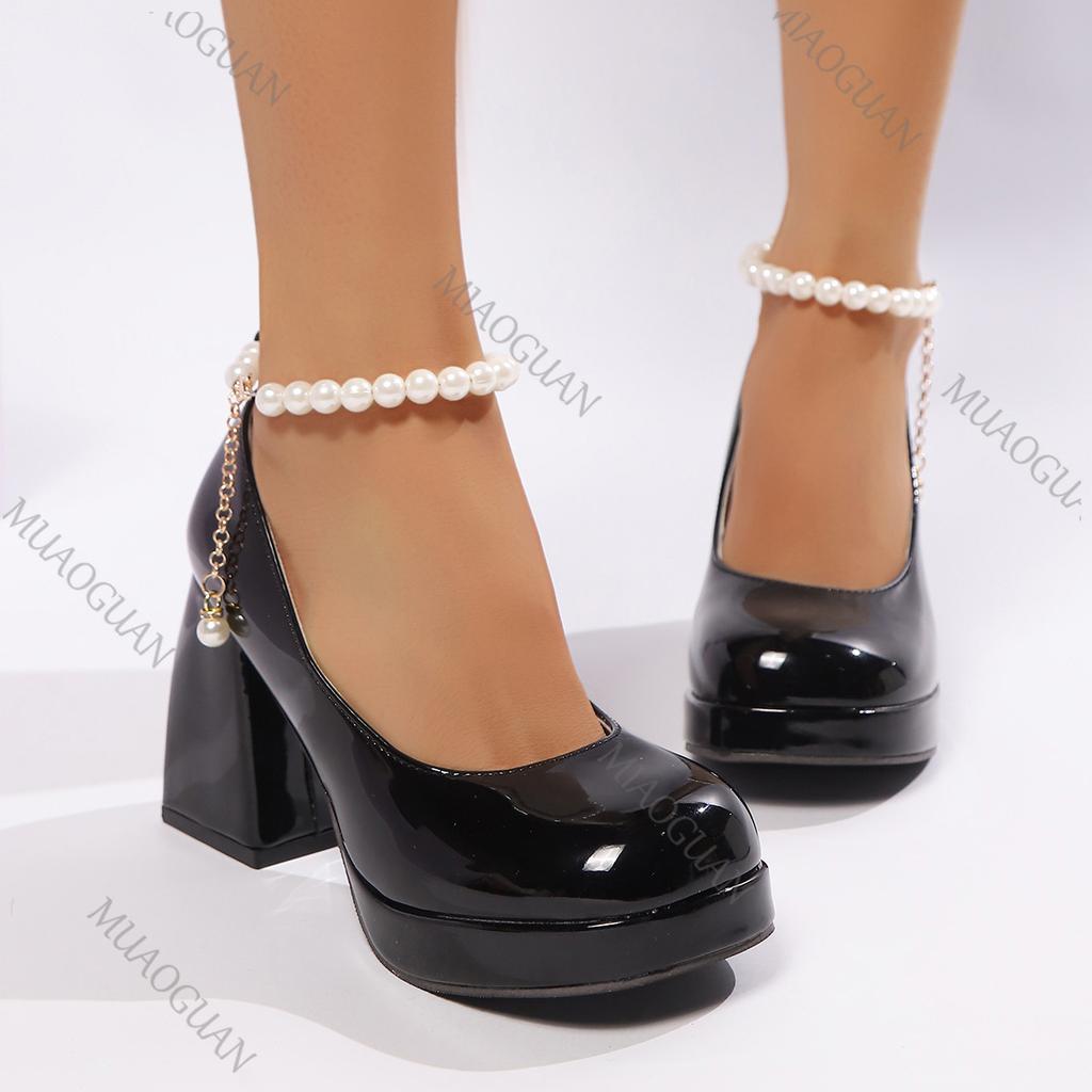 Fashion Chunky Platform High Heels Pumps Women Fashion Pearl Ankle Strap Party Shoes Woman Patent Leather Thick Heeled Mary Jane Shoes