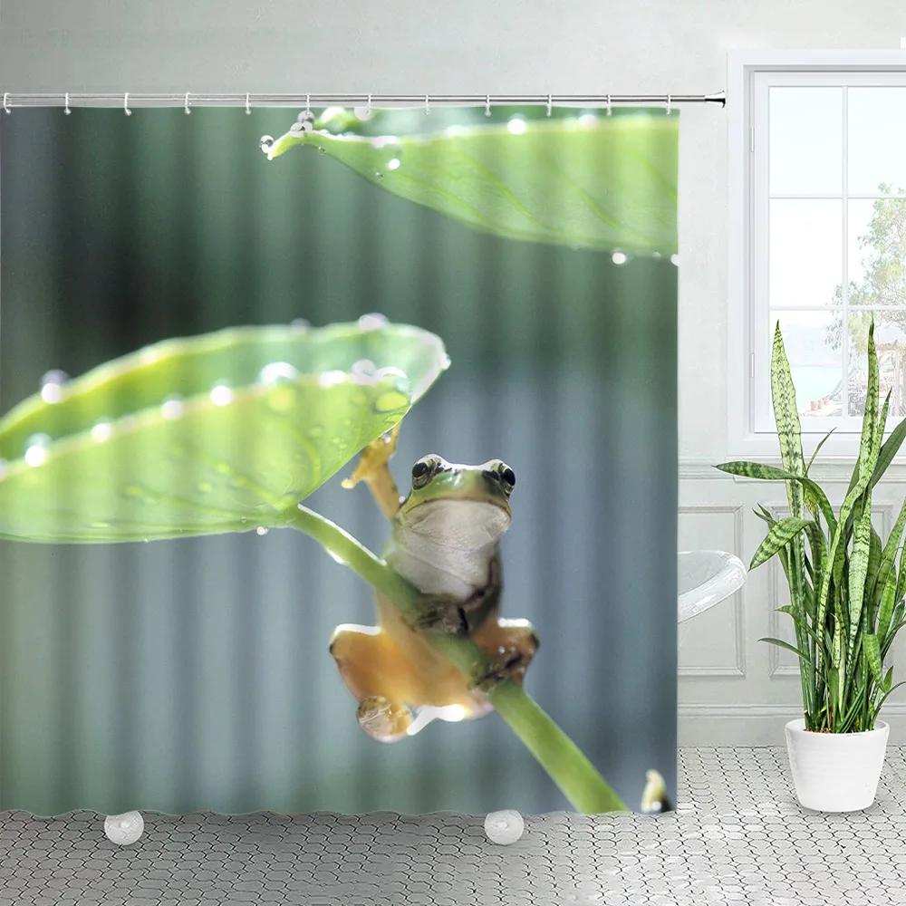 Funny Cartoon Frog Shower Curtains Green Lotus Leaves Animal Kids Bath Curtain Children Bathroom Accessories Decor Sets White