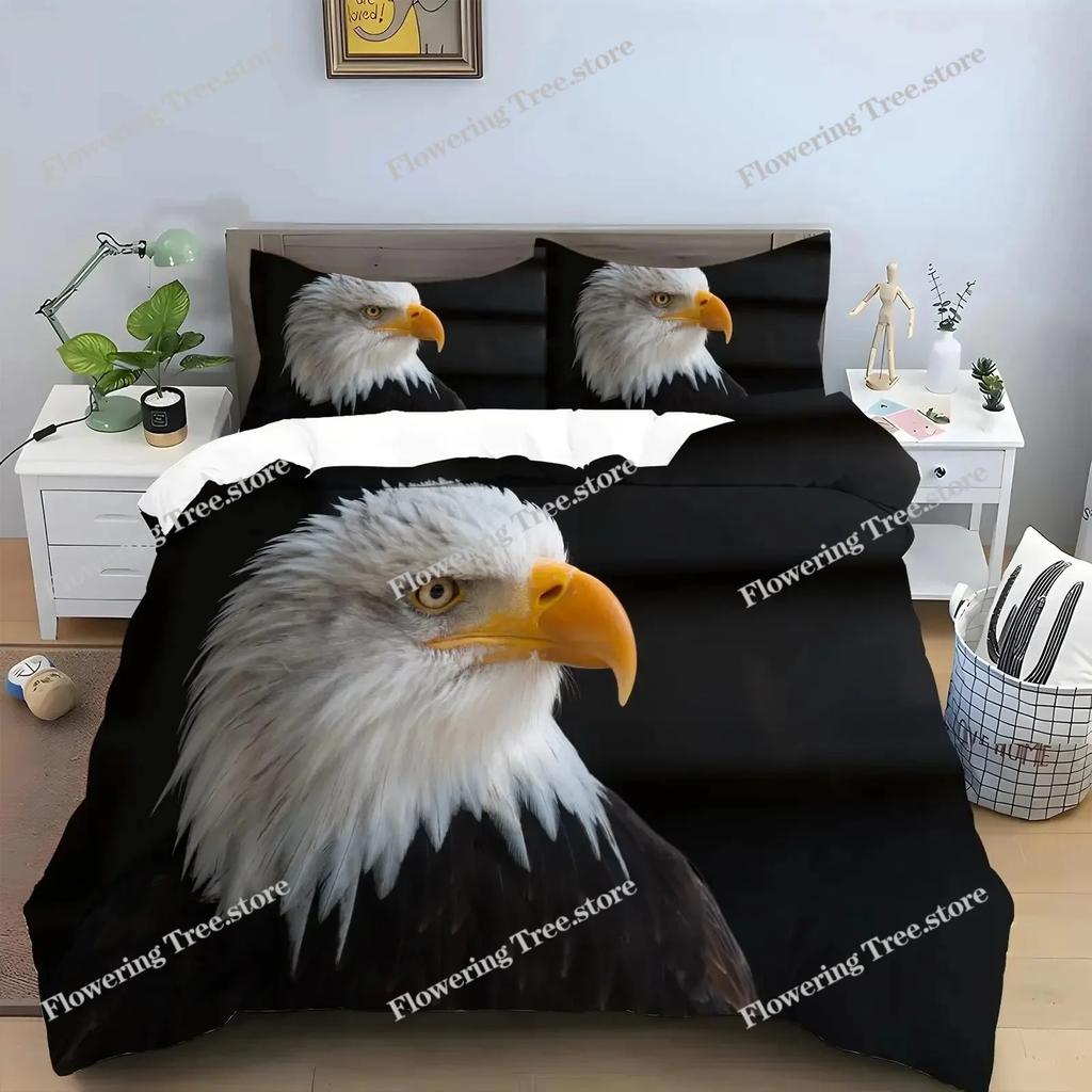 Africa Duvet Cover Set, Aerial View of Bald Eagle Flying USA, Decorative Bedding Set , Full King Size