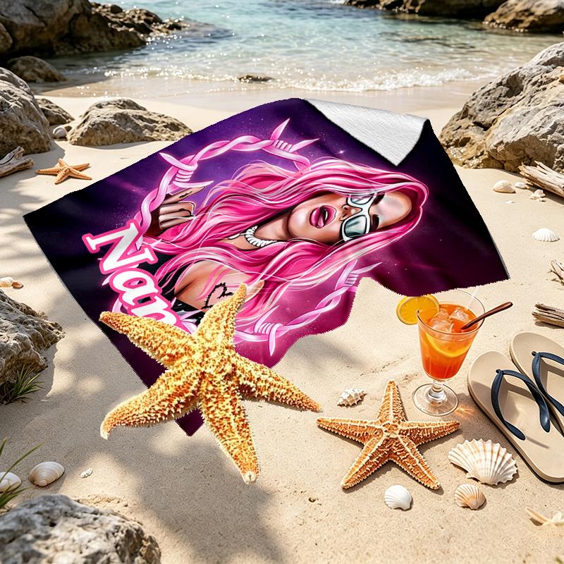 Custom Name Personalized Karol G Print Beach Towel, for Trip Camping Beach Party Home Decor, Birthday Gift for Family & Friends