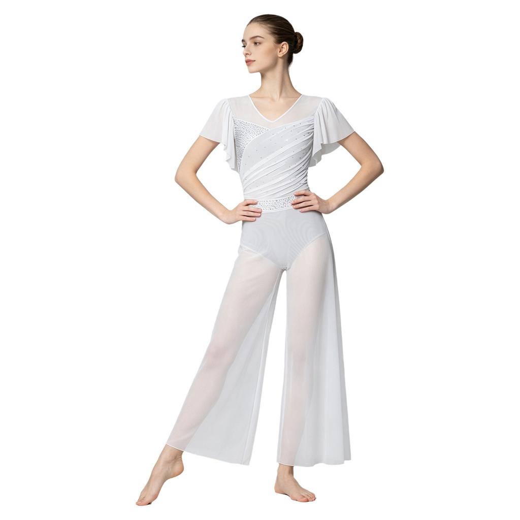 Womens Lyrical Dance Leotard Pants Suit Ruffled Sleeves Backless Sparkly Bodysuit Split Wide Leg Pants Dancewear