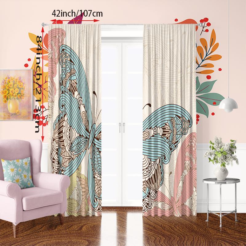 2PCS-Classic Butterfly - Εκτυπωμένη κουρτίνα - Πολυεστερικό υλικό - κατάλληλο για υπνοδωμάτια, σαλόνια, χώρους μελέτης, ιδιωτικούς χώρους