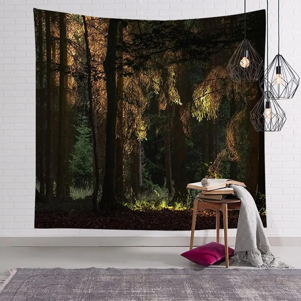 Forest Tapestry Morning Sun Rays Through Trees Summertime Countryside Scenic Wall Hanging for Bedroom Living Room Dorm Decor