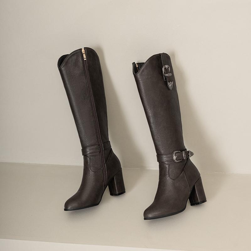 Women's high-heeled boots autumn and winter new solid-color thick-heeled boots versatile large-size Roman medium boots
